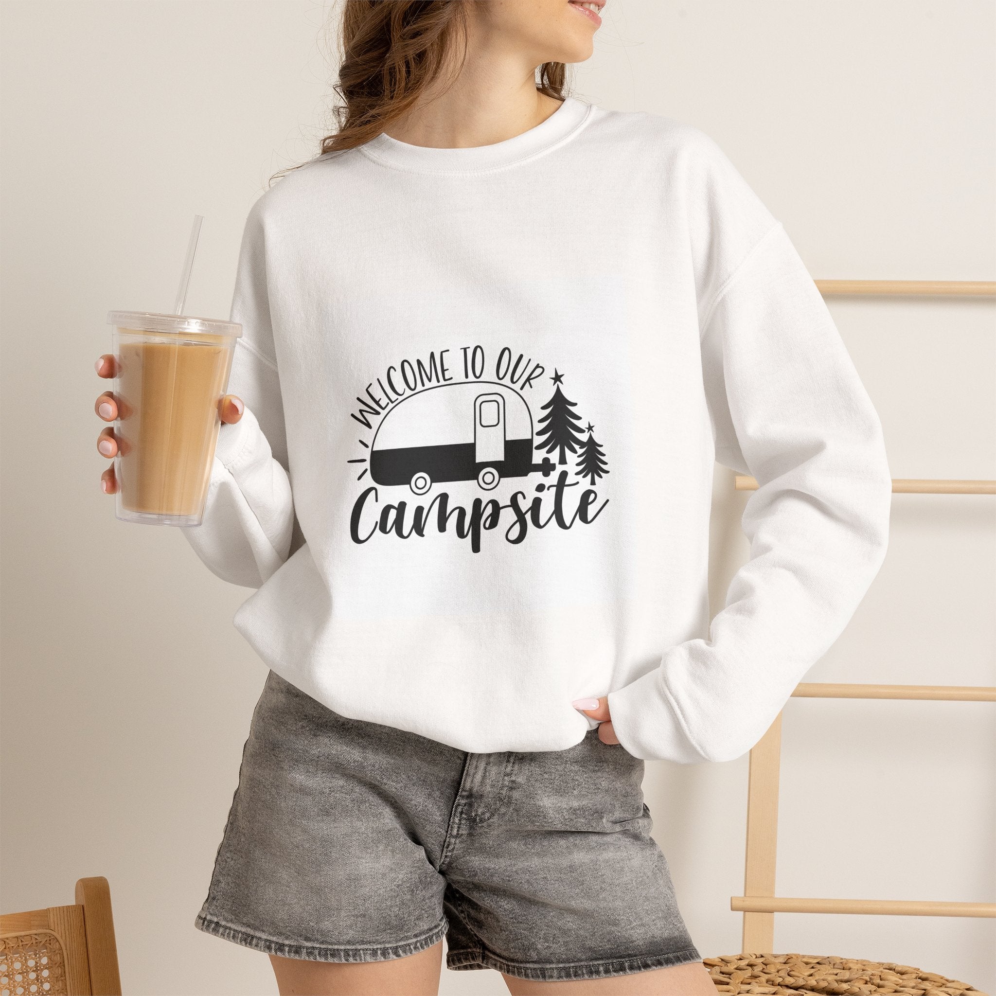 Campsite Crewneck Sweatshirt - "Welcome to Our Campsite" Camper & Pine Trees