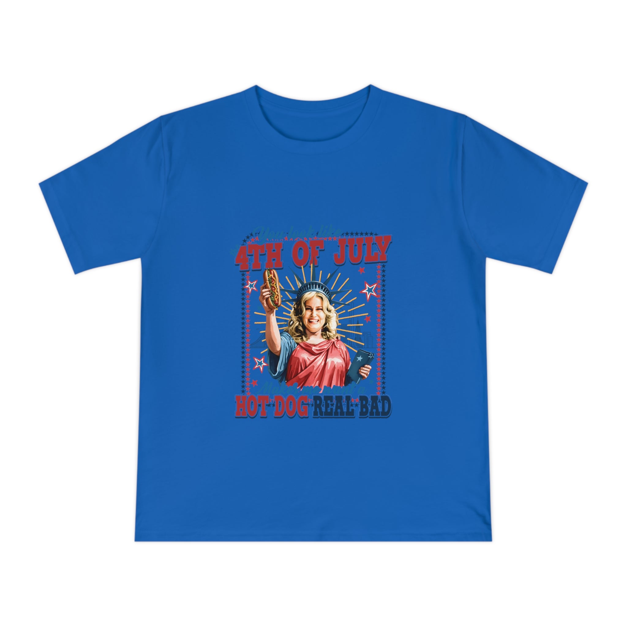 4th of July Hot Dog T-Shirt — Patriotic Retro Statue of Liberty BBQ Tee
