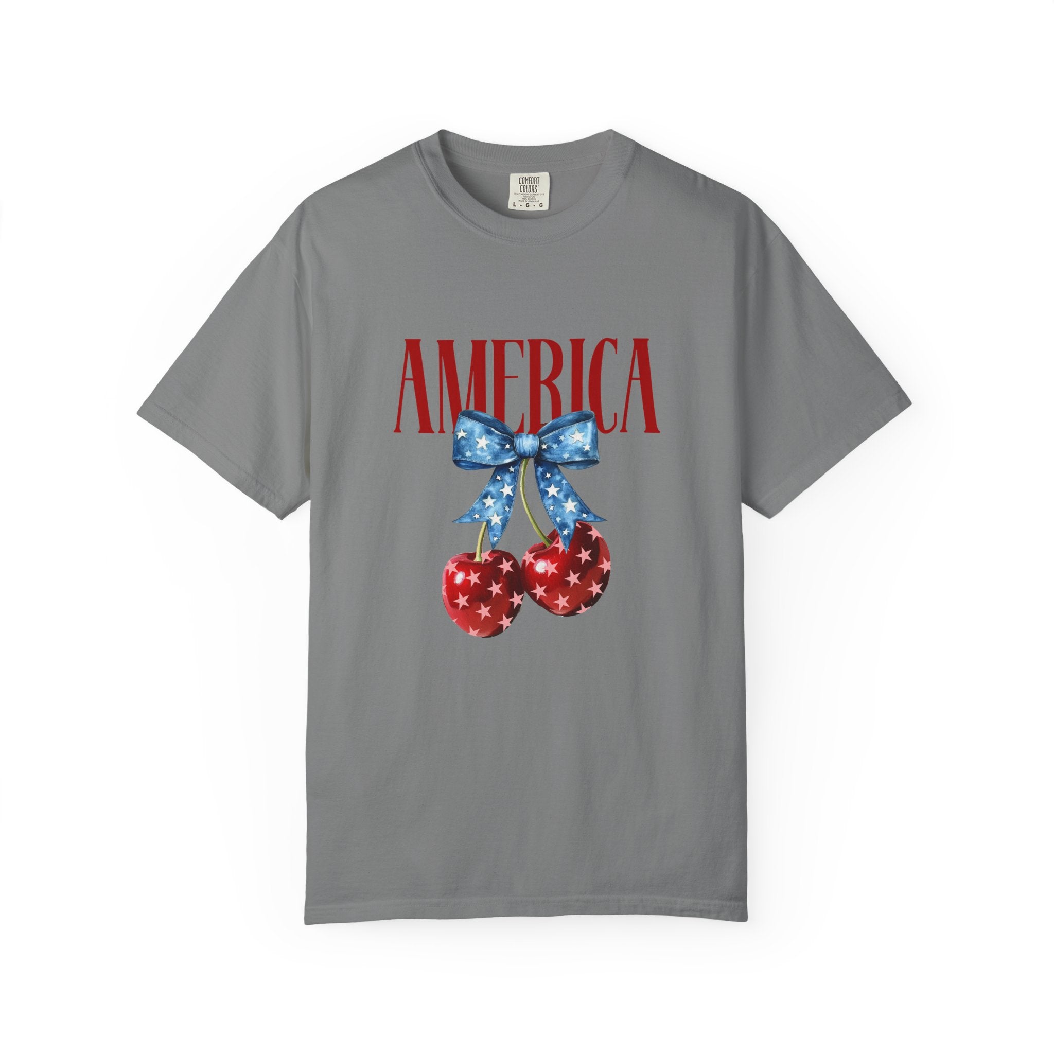 America Cherry Graphic T‑Shirt — Patriotic Stars & Stripes Bow Tee