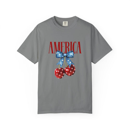 America Cherry Graphic T‑Shirt — Patriotic Stars & Stripes Bow Tee