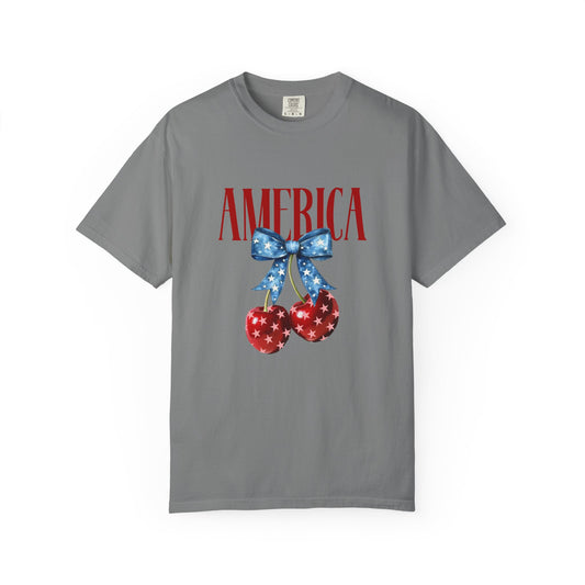 America Cherry Graphic T‑Shirt — Patriotic Stars & Stripes Bow Tee