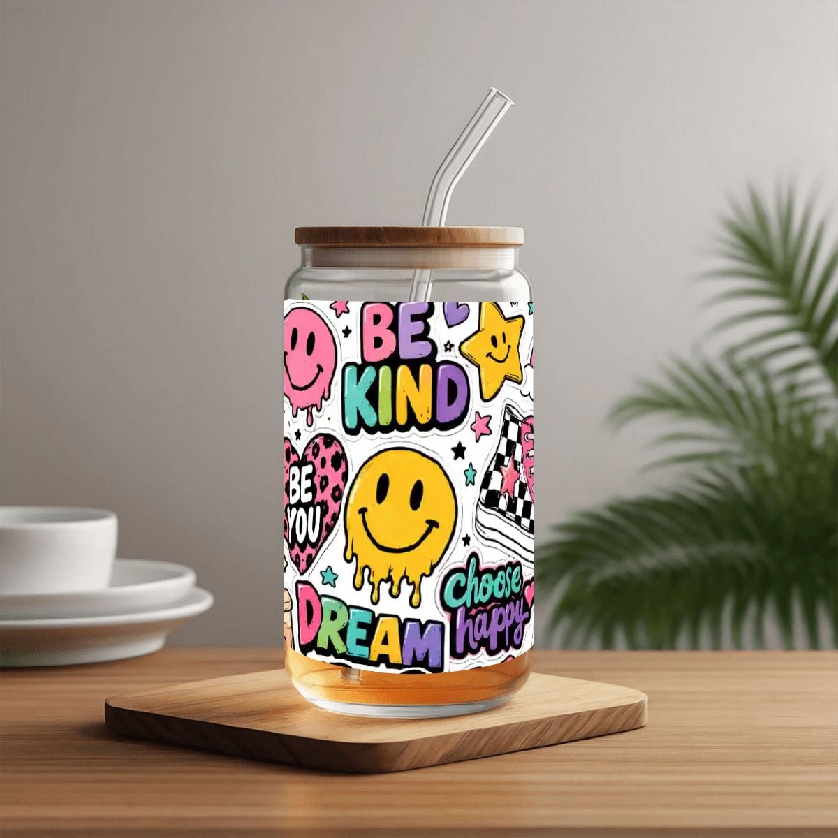 Glass Tumbler with Straw  Bamboo Lid  (16oz) sticker collage