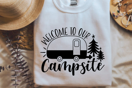 Campsite Canvas Tote Bag — "Welcome to Our Campsite" Camper & Trees