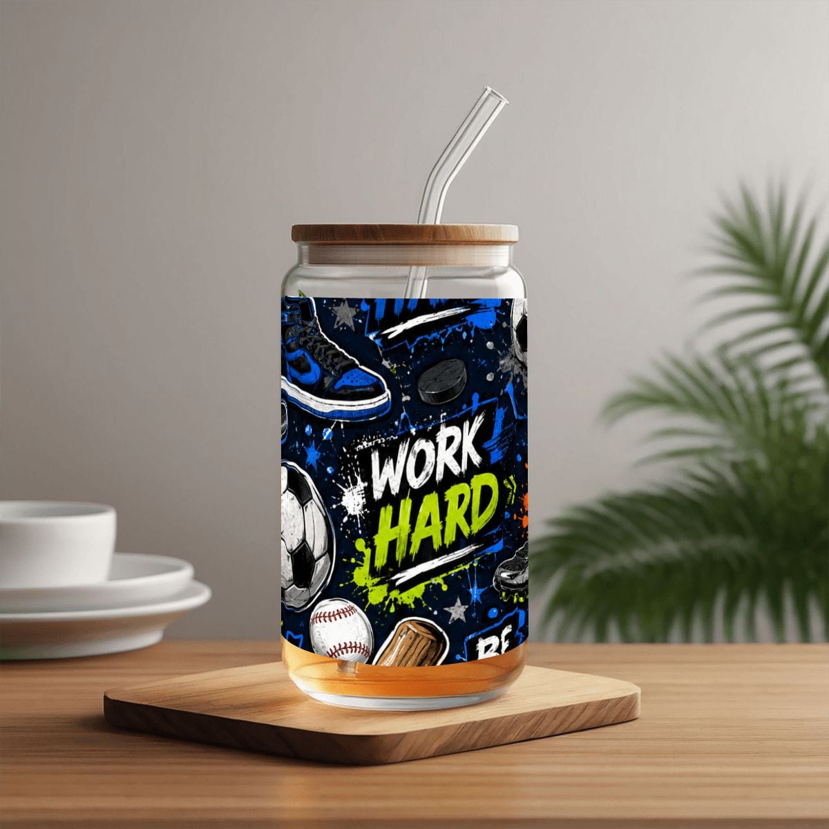 Glass Tumbler with Straw  Bamboo Lid  (16oz) Sports Collage