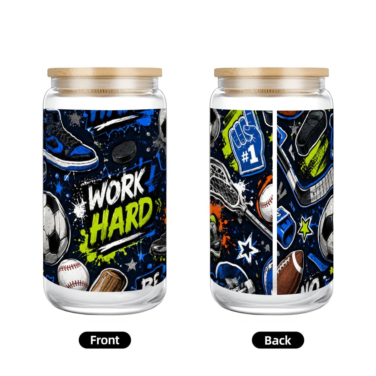 Glass Tumbler with Straw  Bamboo Lid  (16oz) Sports Collage